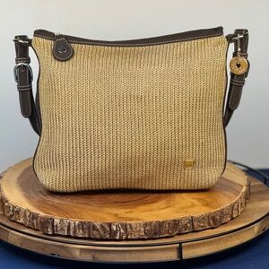 THE SAK Metallic Gold Knit Crossbody Bag Cream Tan Brown Trim Purse
